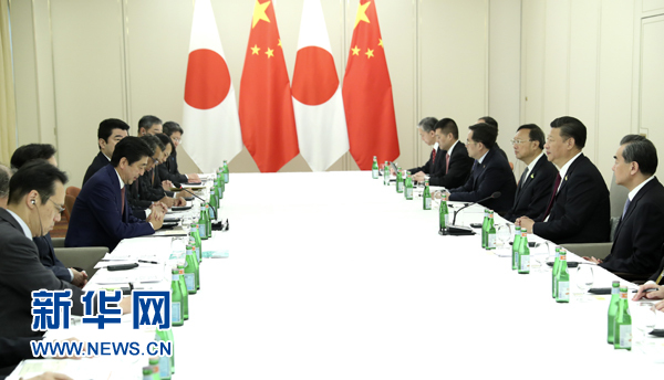 7月8日，國家主席習近平應約在漢堡會見日本首相安倍晉三。新華社記者 馬占成 攝